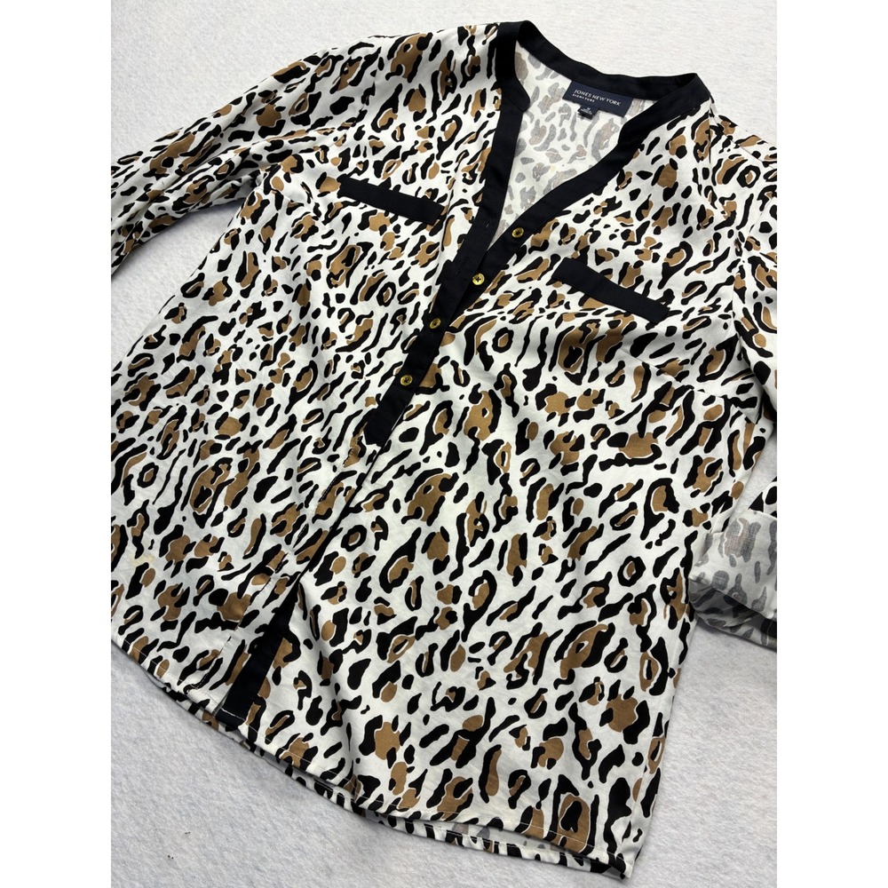 Jones New York Signature Leopard Animal Print Blouse Mob Wife Office Med Cotton - Picture 2 of 9
